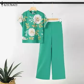 ZANZEA Женские повседневные комплекты из двух предметов: футболка и брюки с цветочным принтом 4XL зелёный