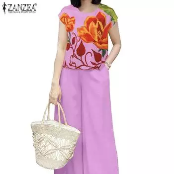 ZANZEA Женские повседневные комплекты из двух предметов с цветочным принтом и брюками S жёлтый