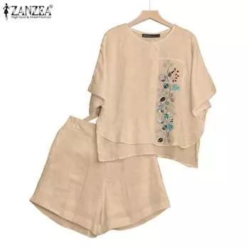 ZANZEA Женские повседневные комплекты из футболки и шорт с вышивкой из двух предметов S белый