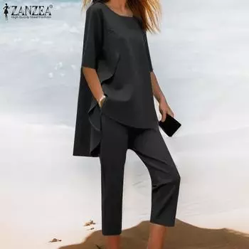 ZANZEA Женские повседневные комплекты с круглым вырезом и рукавами средней длины, топами и брюками M чёрный
