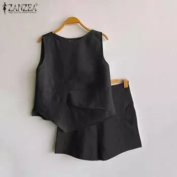 ZANZEA Женский повседневный комплект из сплошного свободного топа с круглым вырезом и широкими шортами без рукавов 4XL розовый