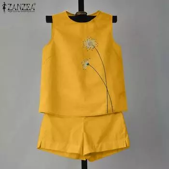 ZANZEA Женские повседневные комплекты с круглым вырезом без рукавов и принтом, свободные жилеты и шорты 4XL зелёный