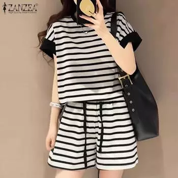 ZANZEA Женские повседневные комплекты с круглым вырезом и короткими рукавами в полоску, свободные топы и шорты M белый