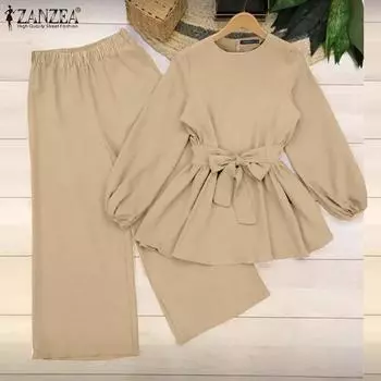 ZANZEA Женские повседневные комплекты с круглым вырезом и длинными рукавами-фонариками и брюками 4XL хаки