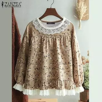 ZANZEA Женские повседневные кружевные блузки с круглым вырезом и цветочным принтом с длинным рукавом S хаки