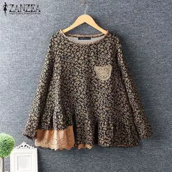 ZANZEA Женские повседневные кружевные блузки с круглым вырезом и цветочным принтом с длинным рукавом S вино красного