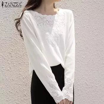 ZANZEA Женские повседневные кружевные футболки с круглым вырезом и длинным рукавом S белый