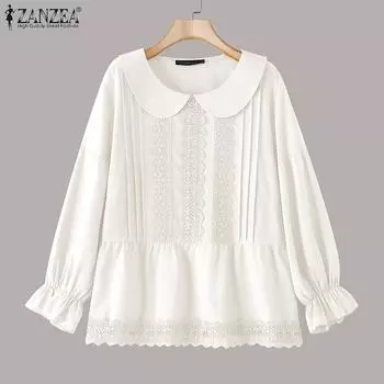 ZANZEA Женские повседневные кружевные лацканы с длинным рукавом блузки S бежевый