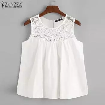 ZANZEA женские повседневные кружевные однотонные свободные майки без рукавов с круглым вырезом S чёрный