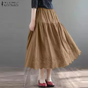 ZANZEA Женские повседневные кружевные свободные юбки в стиле пэчворк с узором крючком S хаки