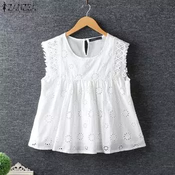 ZANZEA Женские повседневные кружевные топы без рукавов с круглым вырезом и крючком M темно-синий