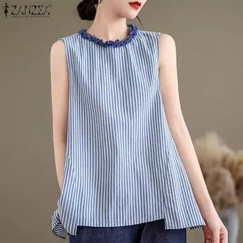 ZANZEA Женские повседневные кружевные топы без рукавов с круглым вырезом в полоску 3XL синий