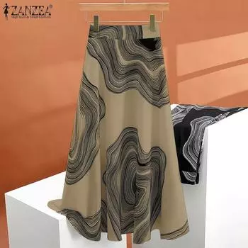 ZANZEA женские повседневные летние длинные юбки с эластичной резинкой на талии и принтом M чёрный