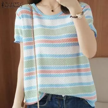 ZANZEA Женские повседневные летние футболки с круглым вырезом и коротким рукавом в полоску S светло-синий