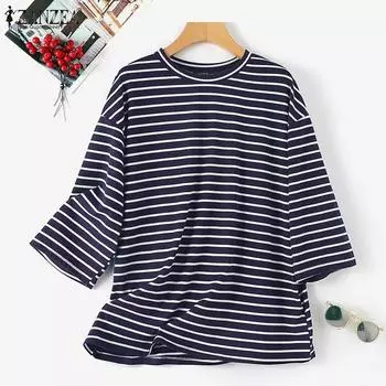 ZANZEA Женские повседневные летние футболки в полоску с круглым вырезом и рукавами 3/4