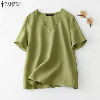 ZANZEA Женские повседневные летние хлопковые футболки с v-образным вырезом и короткими рукавами