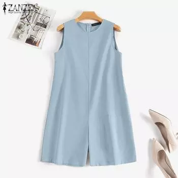 ZANZEA Женские повседневные летние короткие комбинезоны без рукавов с круглым вырезом 3XL тёмно-синий