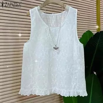 ZANZEA Женские повседневные летние кружевные топы без рукавов с круглым вырезом S белый