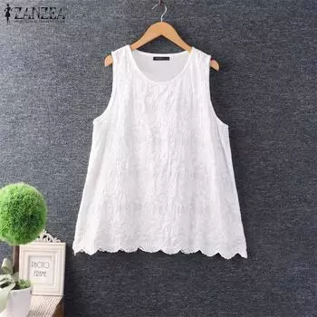 ZANZEA Женские повседневные летние кружевные топы без рукавов с круглым вырезом 5XL белый