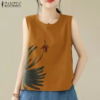 ZANZEA Женские повседневные летние майки без рукавов с круглым вырезом и принтом 3XL жёлтый