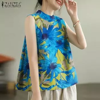 ZANZEA Женские повседневные летние майки без рукавов с принтом и круглым вырезом 4XL красный