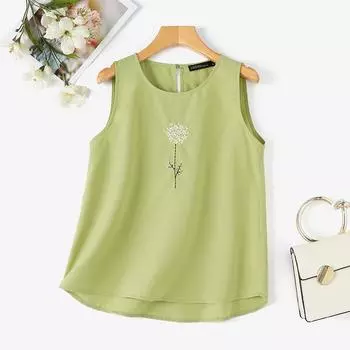ZANZEA Женские повседневные летние майки без рукавов с круглым вырезом и принтом 2XL зелёный