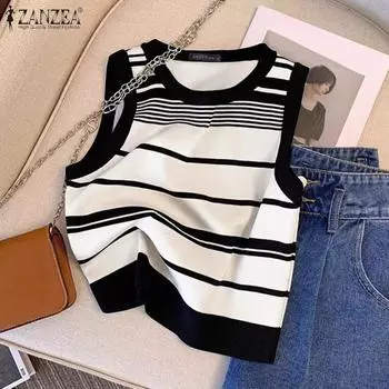 ZANZEA Женские повседневные летние майки без рукавов с круглым вырезом в полоску L чёрный