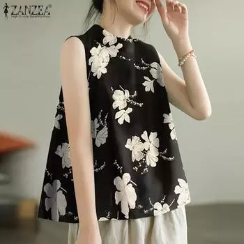 ZANZEA Женские повседневные летние майки без рукавов с круглым вырезом и цветочным принтом XL