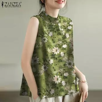 ZANZEA Женские повседневные летние майки без рукавов с круглым вырезом и цветочным принтом 2XL синий