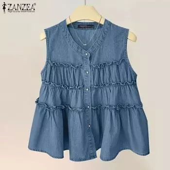 ZANZEA Женские повседневные летние майки без рукавов с круглым вырезом темно-синий