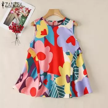 ZANZEA Женские повседневные летние майки без рукавов с круглым вырезом и принтом XL красный