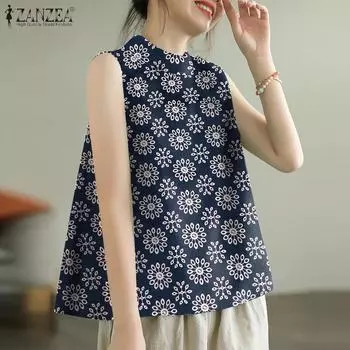 ZANZEA Женские повседневные летние майки без рукавов с круглым вырезом и принтом XL темно-синий