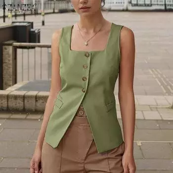 ZANZEA Женские повседневные летние майки без рукавов с квадратным воротником 5XL бежевый