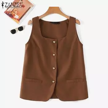 ZANZEA Женские повседневные летние майки без рукавов с квадратным воротником 4XL темно-синий