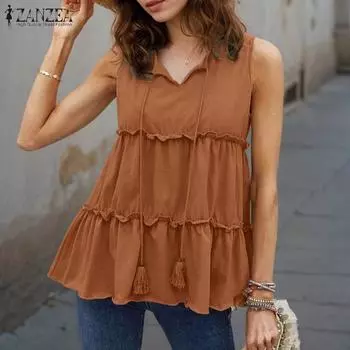 ZANZEA Женские повседневные летние майки без рукавов с V-образным вырезом S оранжевый