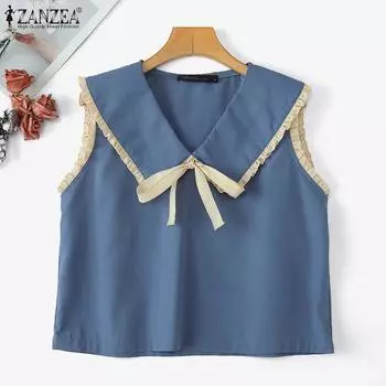 ZANZEA Женские повседневные летние майки без рукавов с темно-синим воротником S бежевый