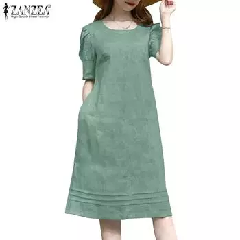 ZANZEA Женские повседневные летние платья с коротким рукавом и круглым вырезом 4XL зелёный