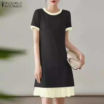 ZANZEA Женские повседневные летние платья с коротким рукавом в стиле пэчворк с круглым вырезом 5XL зелёный