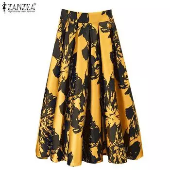 ZANZEA Женские повседневные летние принтованные длинные юбки на молнии S синий