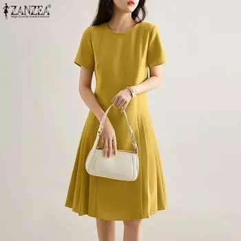 ZANZEA Женские повседневные летние простые платья с короткими рукавами и круглым вырезом