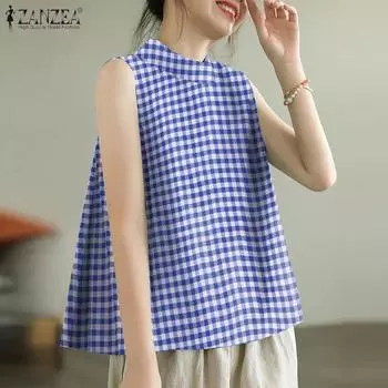 ZANZEA Женские повседневные летние свободные майки в клетку с круглым вырезом без рукавов 5XL синий