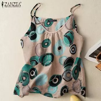 ZANZEA женские повседневные летние топы без рукавов с круглым вырезом и принтом, майки S зелёный