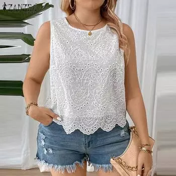 ZANZEA Женские повседневные летние топы без рукавов с круглым вырезом и кружевом, связанные крючком 3XL белый