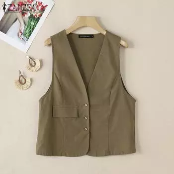 ZANZEA Женские повседневные летние топы без рукавов с V-образным вырезом S зелёный