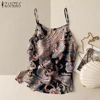 ZANZEA Женские повседневные летние топы без рукавов с принтом, майки 4XL чёрный
