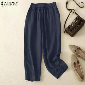 ZANZEA Женские повседневные летние укороченные брюки с эластичной резинкой на талии S темно-синий