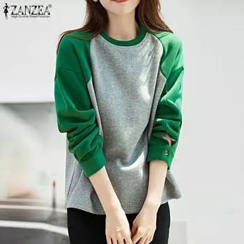 ZANZEA Женские повседневные лоскутные свитера с длинным рукавом S зелёный