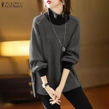 ZANZEA Женские повседневные лоскутные водолазки с длинным рукавом пуловеры толстовки S серый