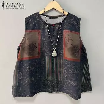 ZANZEA Женские повседневные майки А-силуэта с круглым вырезом и цветочным принтом без рукавов S красный