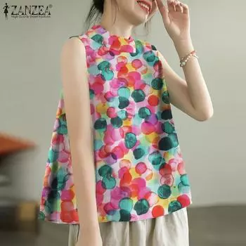 ZANZEA Женские повседневные майки без рукавов с круглым вырезом и принтом S жёлтый